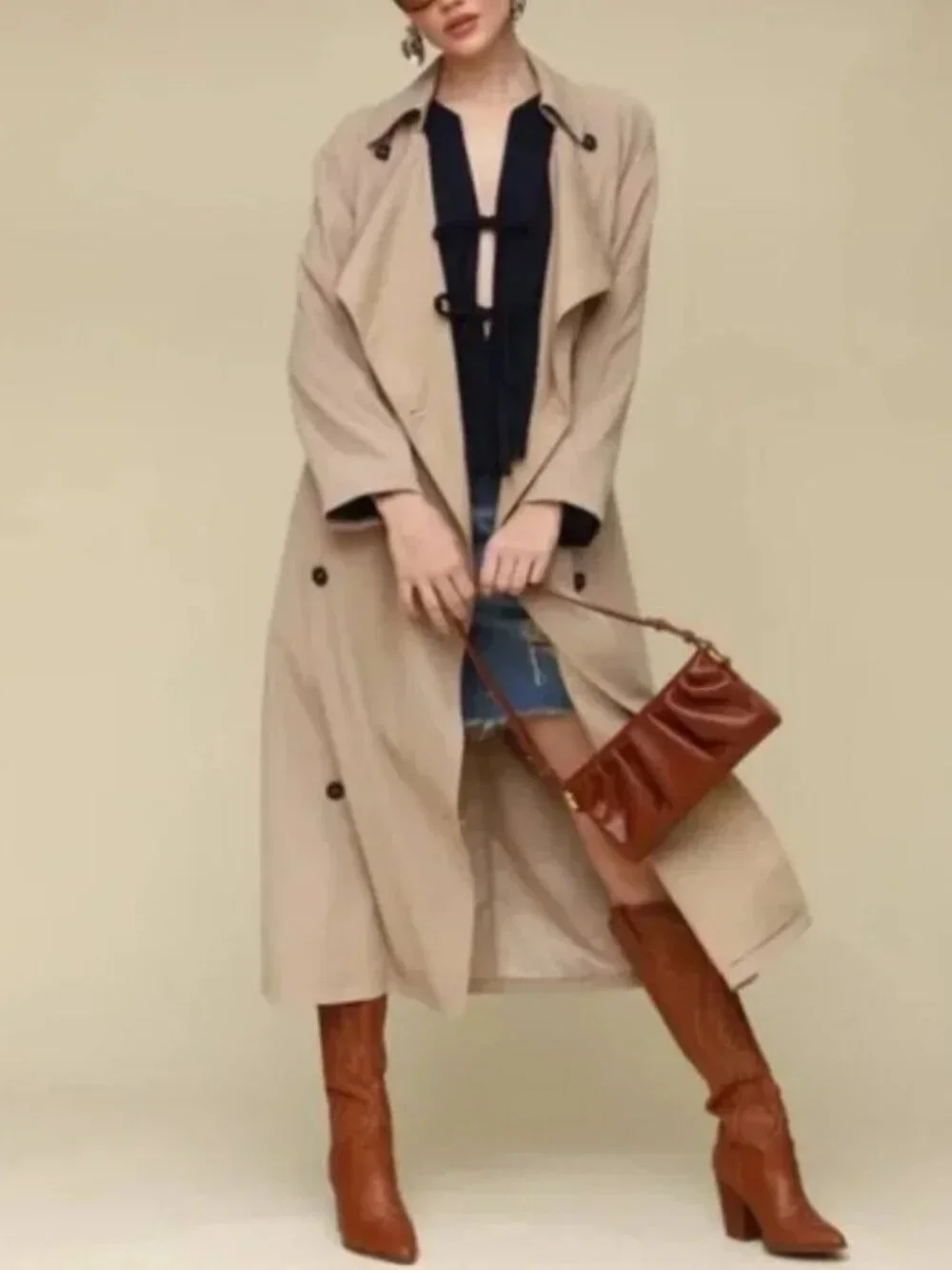Avec Les Filles Draped Double Breasted Tan Trench Coat